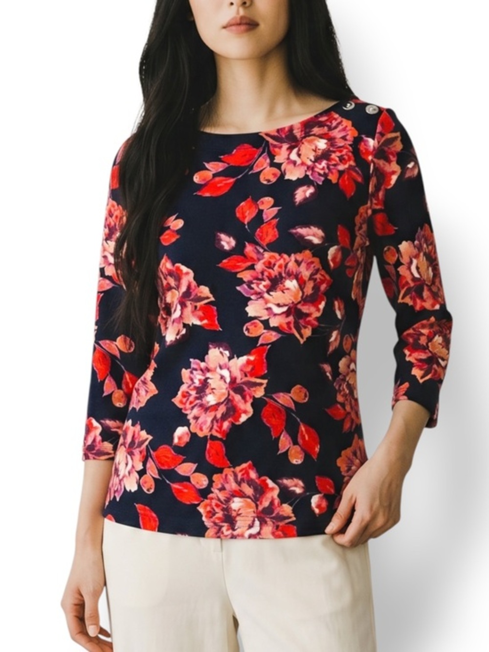 4/$20 Croft & Barrow Navy Floral 3/4 Sleeve Knit Top XS
